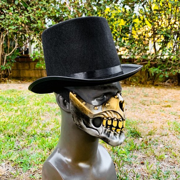 Silver Steampunk Mouth Skull Mask with Black TOP Hat Halloween Cosplay Costume - Picture 2 of 2